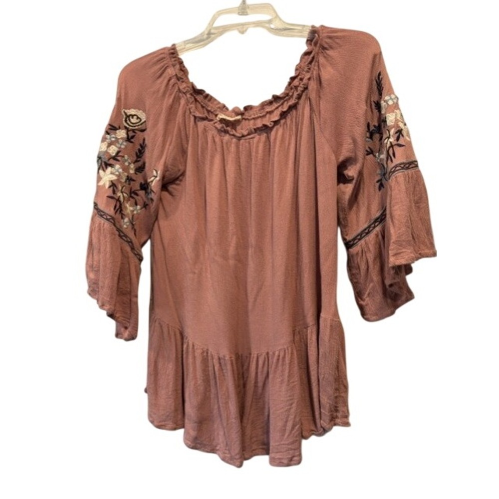 Altar'd State Womens M/L Dusty Rose Embroidered Bell Sleeve Boho Peasant Tunic